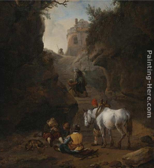 Peasants Playing Cards by a White Horse in a Rocky Gully painting - Philips Wouwerman Peasants Playing Cards by a White Horse in a Rocky Gully art painting